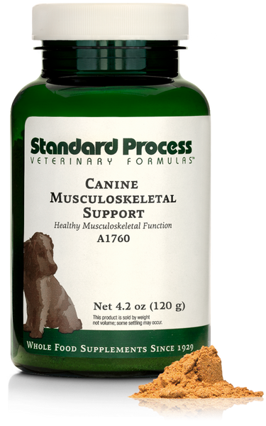 A bottle of Canine Musculoskeletal Support, a powder supplement for dogs’ muscles, ligaments and bone health, next to an image of the powder supplement.