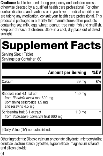 L1800 Rhodiola Schisandra R01 Supplement Facts Label