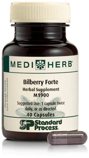 An image of herbal supplement Bilberry Forte next to a capsule.