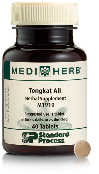 A bottle of MediHerb® Tongkat Ali, a testosterone support supplement for older men, next to a tablet of the supplement.